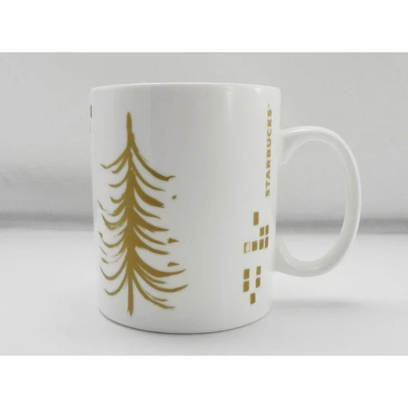 Starbucks White Gold Christmas Tree Mug - Holiday 2014 Coffee Cup - 15.2 fl  oz